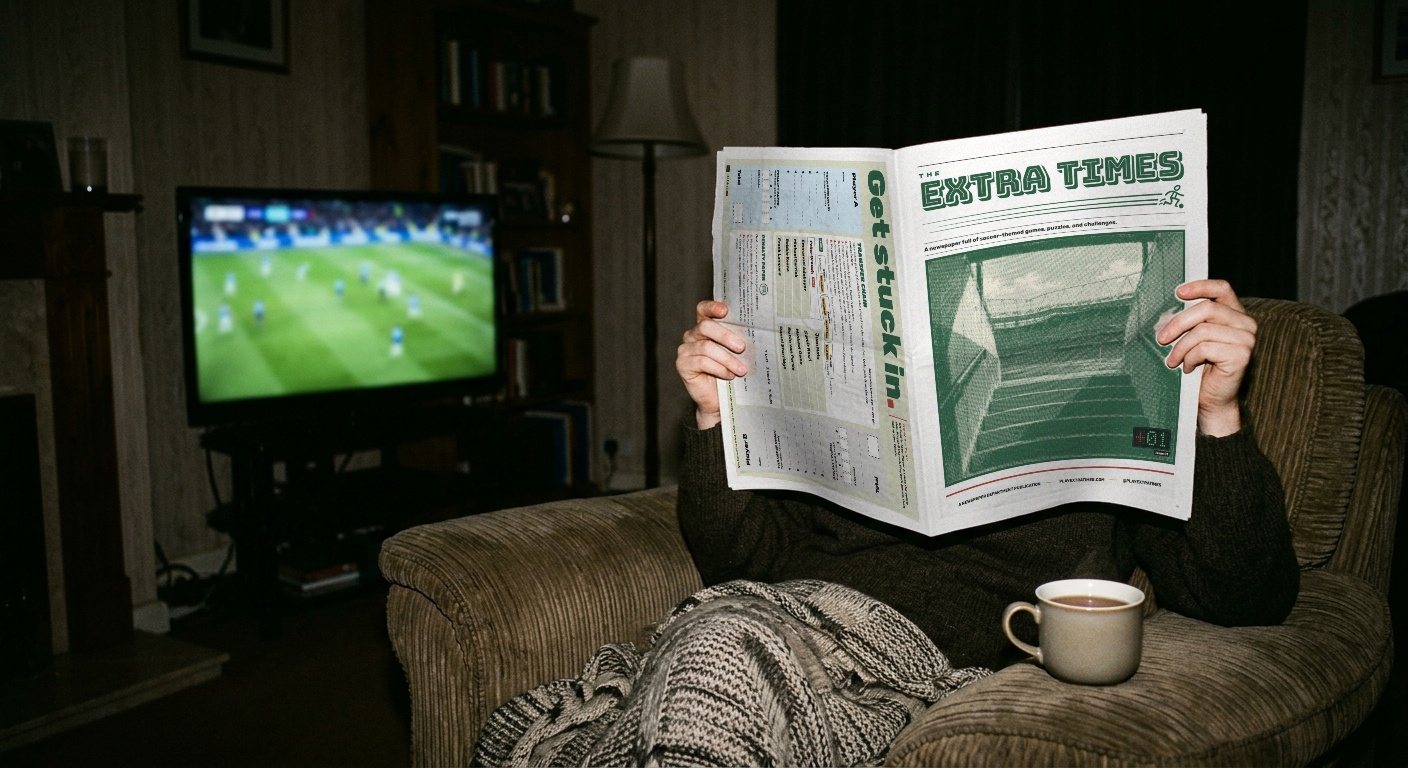 Someone in an armchair holding Issue 01 open at the cover and the back page, a mug of tea on the arm and a match on the TV behind.