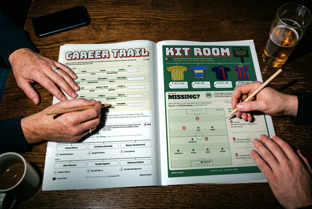 Issue 01 open at Career Trail and Kit Room on a pub table, two people filling it in with pencils, a pint, a mug and a phone face-down beside it.