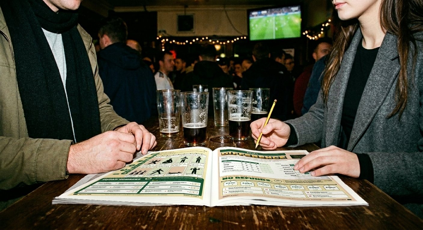 Two people at a pub table with Issue 01 open between them, one filling it in with a pencil, pints on the table and the match on the screen behind.